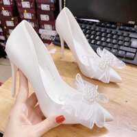 GIÀY CÔ DÂU ĐÍNH NƠ NGỌC CHÙM THIẾT KẾ CAO CẤP, GIÀY CƯỚI MHH