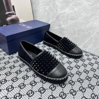 Giày cói nam PP đính đinh mũi da trơn đế cói đen khâu cao su nổi vân GS97P