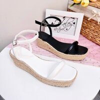 Giày cói sandal 6p HALEY STORE trắng đen đế xuồng nâu quai bảng khóa cài tiểu thư công chúa đi chơi du lịch êm chân