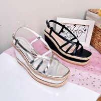 Giày cói sandal chéo 9p HALEY STORE đen bạc đế xuồng nâu quai chéo khóa cài tiểu thư công chúa đi chơi du lịch êm chân