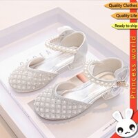Giày Công Chúa Cho Trẻ Em Giày Cao Gót Elsa Ngọc Trai Pha Lê Lấp Lánh Giày Khiêu Vũ Kim Cương