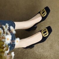 Giày Công Sở Đế Dày da lộn màu đen mới giày đơn Giày cao gót mũi vuông phỏng vấn nghề nghiệp kiểu Pháp Nữ size Lớn 41