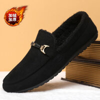 Giày cotton mùa đông mới cho nam, giày lười da lộn có lông, ấm áp và thời trang, giày slip-on phong cách Hàn Quốc