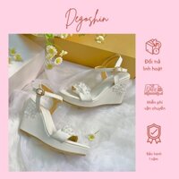 Giày cưới đế xuồng 10cm, Giày sandal đế xuồng trắng, sandal quai ngang đính hoa dành cho cô dâu.