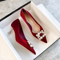 Giày cưới phong cách Pháp cho phụ nữ, giày cô dâu, gót chunky, mũi nhọn màu đỏ, giày cao gót thoải mái, giày đầm Xiuhe cho phụ nữ, cảm giác cao cấp