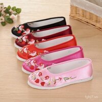 Giày cưới thêu satin cotton nguyên chất retro màu đỏ One Piece Dropshipping, đế vải, giày Xiuhe bán trực tiếp từ nhà máy