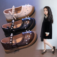 Giày da bé gái giày một lớp Công Chúa Ngọc trai trẻ em mẫu mới mùa thu 2025 Giày loafer phong cách phương Tây Nữ Giày hạt đậu sành điệu