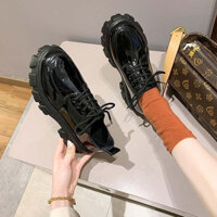 Giày da buộc dây màu đen sáng kiểu Anh cho nữ đế xuồng, giày đơn JK