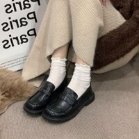 Giày Da Đen Nam Nữ Mùa Hè Mới Bằng Giày Đơn Ngón Chân To Loafers Giày Nữ Lớn