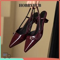 Giày da HOBBYHUB, Xăng đan màu đỏ / đen bằng da sáng chế, Giày cao gót cổ điển thời trang mùa hè