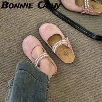 Giày da lộn màu vàng thanh lịch Bonnie Cathy có nơ ngọc trai và đế cao su bền
