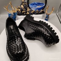 Giày da nam 2024 mới, da thật, mũi tròn, đế dày, giày công sở thời trang, buộc dây