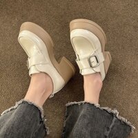 Giày da nhỏ Mary Jane, thắt lưng mũi tròn nữ tính, giày đế bệt kiểu Anh, giày đế dày