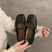 Giày Da Nữ Mũi Vuông Mary Jane Khóa Dây Giày Nữ Có Giày Cao Gót Thấp