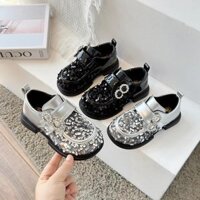 Giày Da PU Thời Trang Bling Cho Trẻ Em Bé Gái Đính Kim Sa Lấp Lánh Đen Bạc Cao Su Trẻ Em Đi Học Căn Cứ Cho Tiệc Loafer