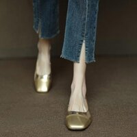 [Giày đế bằng nữ khí chất thời trang] Giày đế bằng kiểu Pháp mũi vuông mũi thấp miệng nông phong cách Chanel Giày đơn nữ đế mềm màu bạc bà