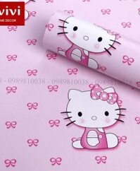 Giấy decal dán tường hoạt hình cho bé Kitty nơ hồng