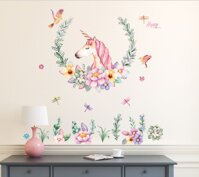 Giấy decal dán tường ngựa Pony unicorn trong vườn hoa