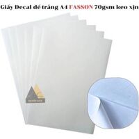 Giấy Decal đế trắng A4 FASSON 70gsm keo xịn - giấy có keo dán nhập khẩu                         &nbsp(&nbspkeo có độ bám dính ban đầu cao nhất, thường dán lên những bề mặt khó mà các loại keo khác không thể đáp ứng được&nbsp)