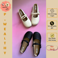 Giày dép nữ búp bê Wealthy  đế bệt da nỉ mềm 2 màu đen & kem phối  xoắn ngang