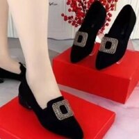 Giày dép nữ thời trang, giày đơn nữ, gót chunky co giãn, giày mũi nhọn, giày đế đen có khóa