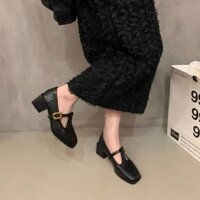 Giày đi lại hình chữ T cổ điển QIAOYILUO, Khóa đầu vuông thời trang Mary Janes, Da PU bền, Đế đệm, Đế cao su, Có màu đen và nâu, Gót giữa