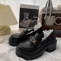 Giày đốc nữ oxford Dextra màu đen da bóng da lì giày lolita búp bê đế cao 6 cm dễ phối đồ