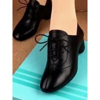 Giày Đơn Giày Da Gót Dày Thương Hiệu Đế Mềm Da Đen Mùa Xuân Thu Mẹ Giày Công Sở Kích Thước Gãy Phối Ren 2025 Phong Cách Mới