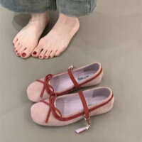 Giày đơn gót phẳng miệng nông mũi tròn giày PU cổ thấp gôm đế một dây khóa