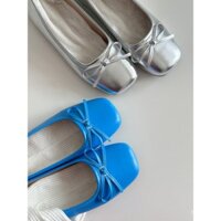 Giày đơn nơ ballet màu xanh, giày lười kiểu blogger, giày Mary Jane phẳng màu bạc