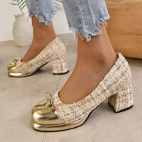 Giày đơn nữ gót chunky kiểu dáng hương thơm, kích thước lớn 34-48, màu sắc khối, nơ, vải tweed mới, giày cao gót siêu cao