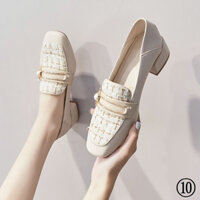 Giày Đơn Nữ Slip-On Giày Nữ Xuân Thu 2023 Phong Cách Mới Phù Hợp Với Gót Dày Hai Tay Giày Da Giữa Gót Nữ