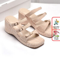 [Giày giày nữ big size] Dép Đế Xuồng 3 Quai Ngang Vải Bố Vintage Merly 1591, Dép Cao Gót Đế Xuồng 6.5cm