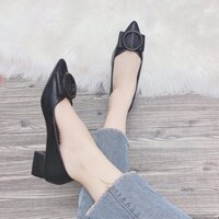 Giày gót vuông 3cm da mềm đen be . SALE 20%