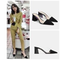 Giày Guốc Nữ Quai Trong Phối Da Lì Mũi Đen Đế Vàng