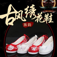 Giày Hanfu phong cách truyền thống cho phụ nữ, giày thêu mũi nhọn màu đỏ ngọc trai, giày tăng chiều cao mũi nhọn, giày khiêu vũ phong cách dân tộc