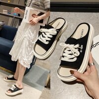 Giày hở mũi, dép sục nữ dây buộc hở mũi đế bánh mì hai màu đen, kẻ caro size 35-39