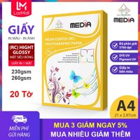 Giấy In Màu A4 Giấy In Ảnh A4 MEDIA Inkjet Giấy 1 Mặt Bề Mặt Siêu Bóng Khổ A4 Định Lượng 230gsm 260gsm 20 Tờ