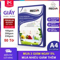 Giấy In Màu A4 Giấy In Ảnh A4 MEDIA Inkjet Giấy 1 Mặt Bề Mặt Bóng Khổ A4 Định Lượng 180gsm 200gsm 230gsm 50 Tờ