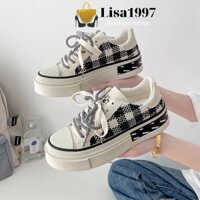 Giày kẻ caro đế độn chất liệu vải xù, dây kép bền dẹp dễ đi mẫu mới 2022
