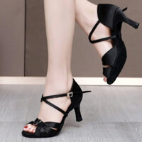 Giày khiêu vũ latin nữ 2 quai phối phụ kiện cao cấp gót 5 phân -7 phân-MÀU ĐEN