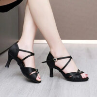 Giày khiêu vũ latin nữ đế da mẫu 2 khuy cực kỳ kiện dễ thương gót 5cm-7cm-MÀU ĐEN