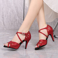 Giày khiêu vũ người lớn Giày khiêu vũ hiện đại đế mềm mùa hè đính đá nóng Giày khiêu vũ Latin màu đỏ nữ múa vuông gót vừa
