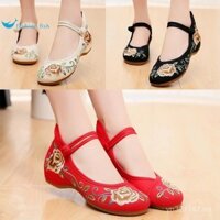 Giày khiêu vũ vuông Giày Vải Thêu Hoa Mẫu Mới Nữ Giày khiêu vũ đế mềm Giày khiêu vũ Màu Đỏ Yangko phong cách cổ điển BWIB