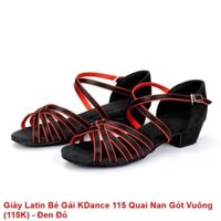 Giày Latin Khiêu Vũ Dancesport Bé Gái KDance 115 Quai Nan Gót Vuông (115K) - Đen Đỏ (Tặng Túi Đựng Giày)