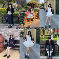 Giày Loafer Nữ Đế Cao Mũi Tròn Da Bóng Phối Tag Vuông Kim Loại Cao Cấp Giày Slip-on Phong Cách Anh Quốc MR12 Dahe Corner