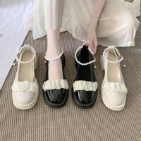Giày lolita nữ bèo nhún quai ngọc cao cấp, giày búp bê nữ đế cao 4cm giá rẻ Hàn Quốc GD008