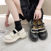 Giày Lolita Nữ Mary Quai Cài Thời Trang Phối Ren Mới Hot  Độn Đế Cao 5cm mã D599