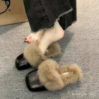 Giày lông đế bằng kiểu mới 2024 đi bên ngoài nửa nữ bít mũi, Dép lê Muller không gót chân