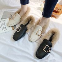 Giày Lông Thú Nữ Lông Thỏ Phong Cách Mới Thu Đông Giày Da Nhỏ Giày Đế Bằng Tất Cả Trận Đấu Giày Đơn Nữ Bên Ngoài Mặc Lông Cừu Đậu Hà Lan Giày